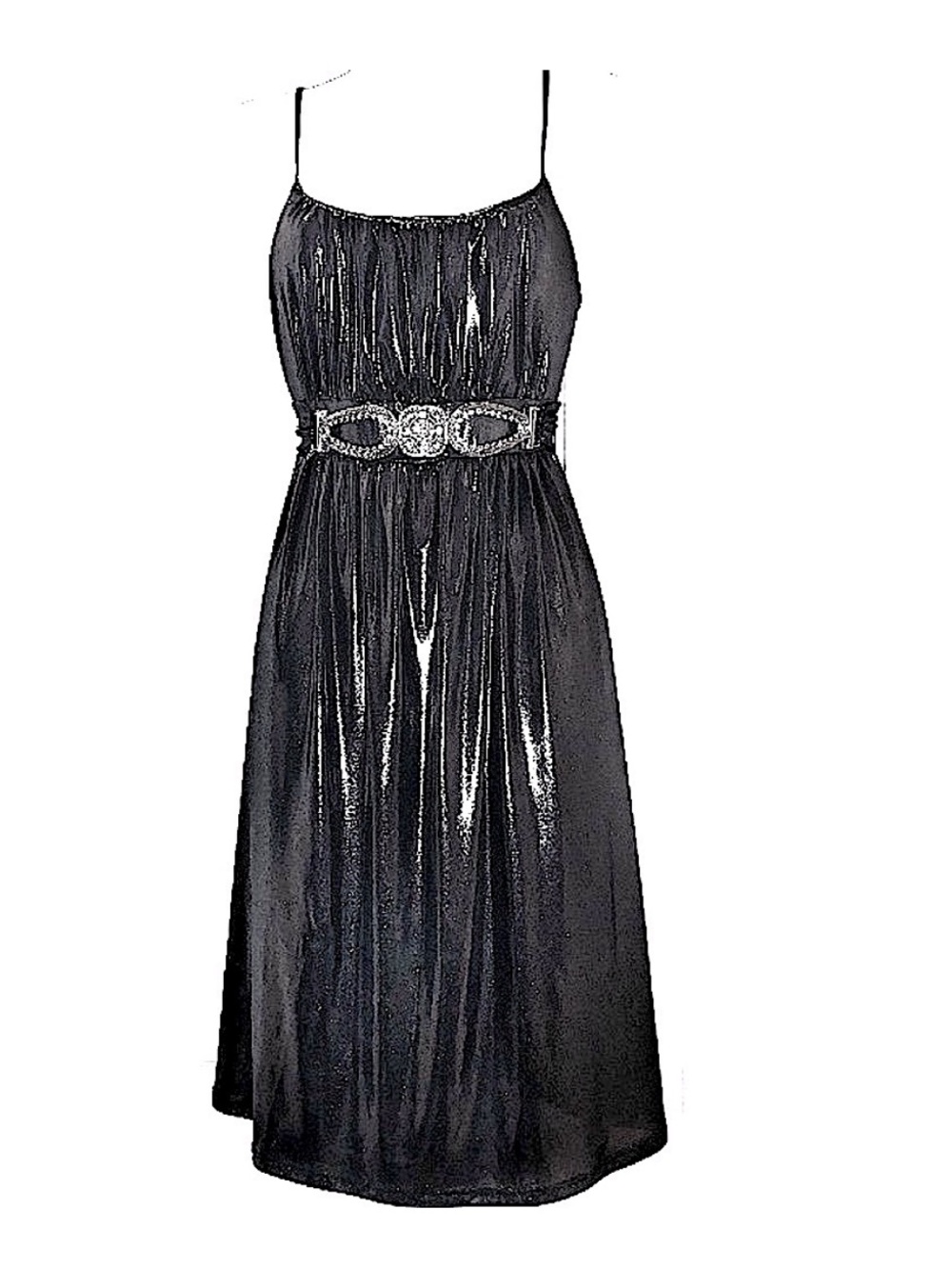 Y2K Love Culture Metallic Silver Gunmetal Beaded Pearl Tie Fit Flare Mini Dress